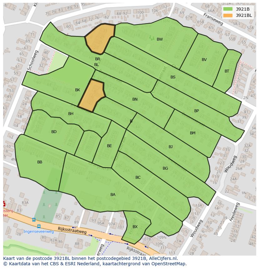Afbeelding van het postcodegebied 3921 BL op de kaart.