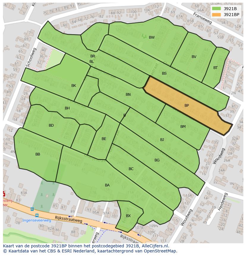 Afbeelding van het postcodegebied 3921 BP op de kaart.