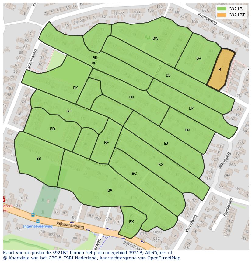 Afbeelding van het postcodegebied 3921 BT op de kaart.