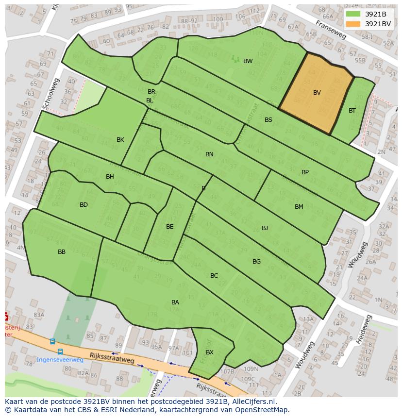 Afbeelding van het postcodegebied 3921 BV op de kaart.