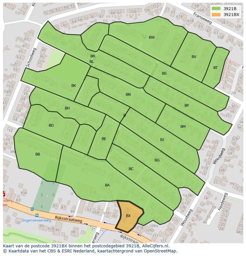 Afbeelding van het postcodegebied 3921 BX op de kaart.