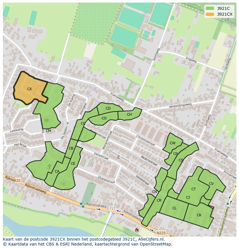 Afbeelding van het postcodegebied 3921 CX op de kaart.
