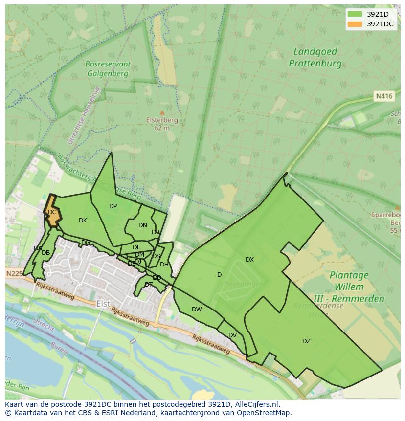 Afbeelding van het postcodegebied 3921 DC op de kaart.