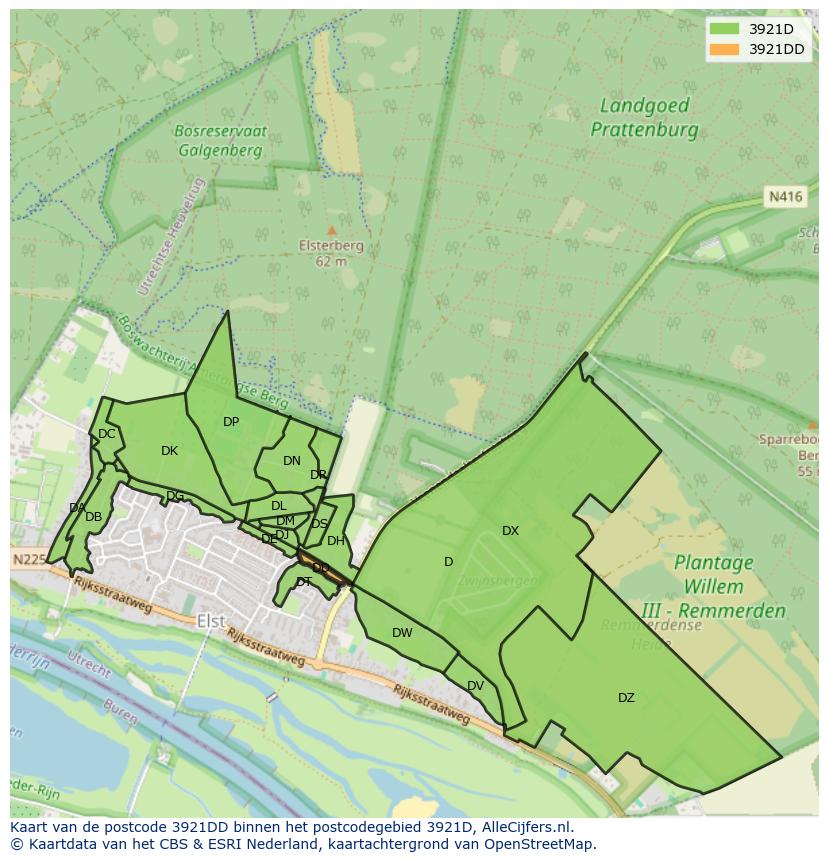 Afbeelding van het postcodegebied 3921 DD op de kaart.