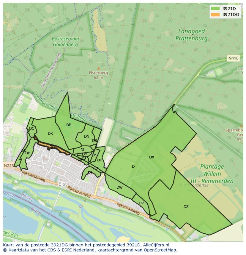 Afbeelding van het postcodegebied 3921 DG op de kaart.