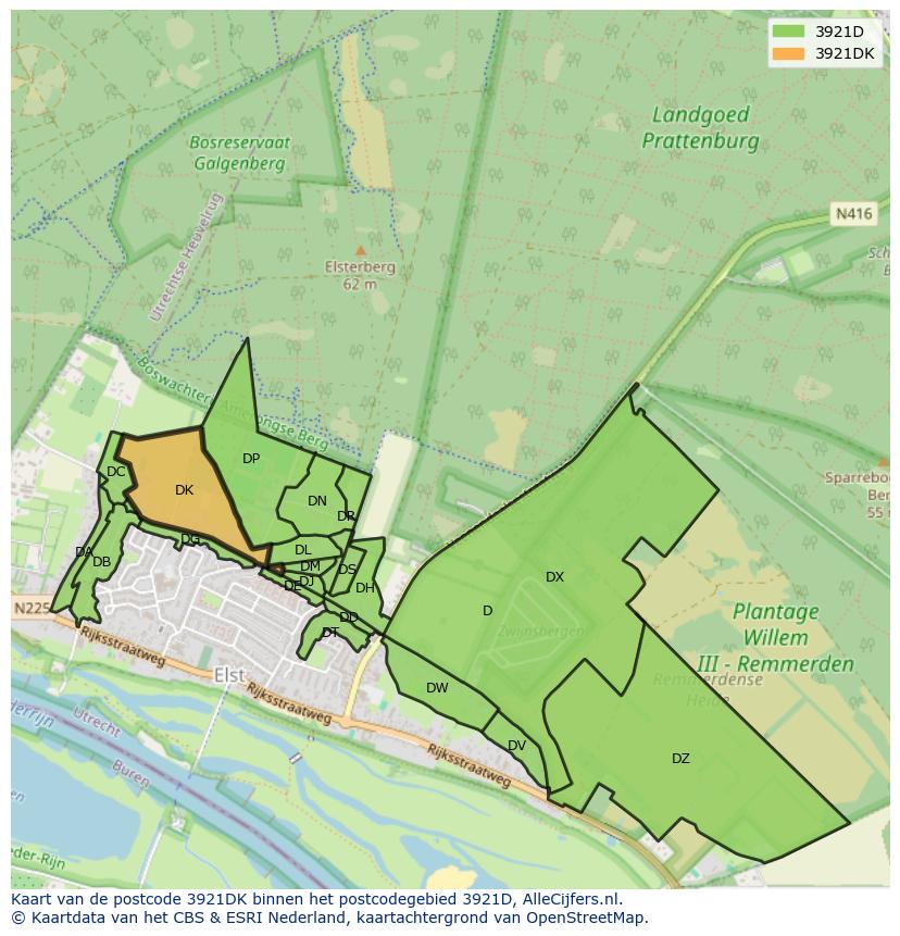 Afbeelding van het postcodegebied 3921 DK op de kaart.