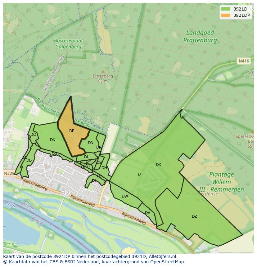 Afbeelding van het postcodegebied 3921 DP op de kaart.