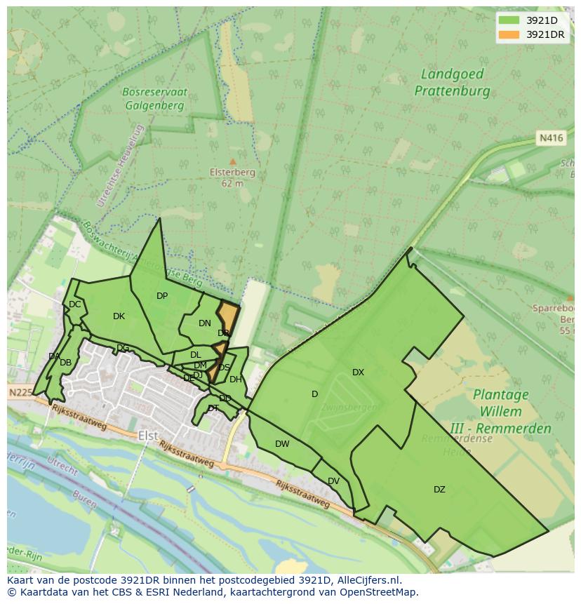 Afbeelding van het postcodegebied 3921 DR op de kaart.