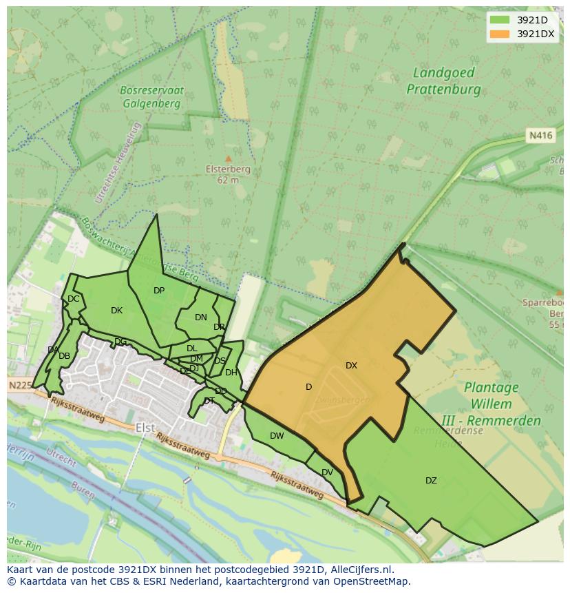 Afbeelding van het postcodegebied 3921 DX op de kaart.