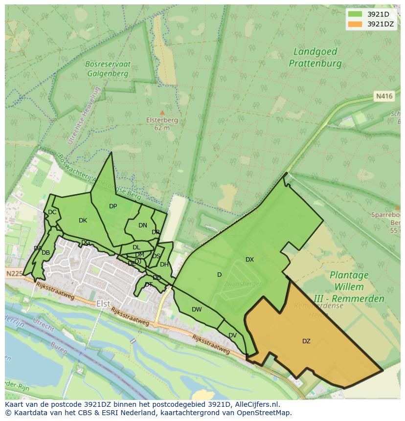 Afbeelding van het postcodegebied 3921 DZ op de kaart.