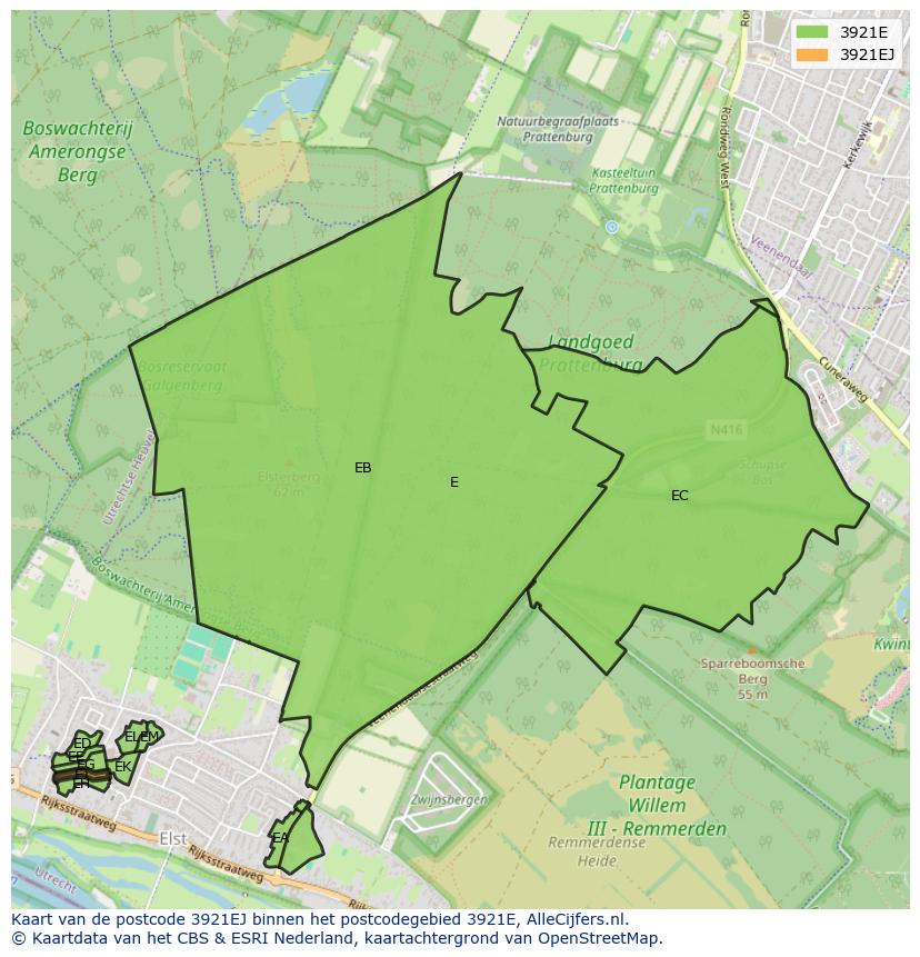 Afbeelding van het postcodegebied 3921 EJ op de kaart.