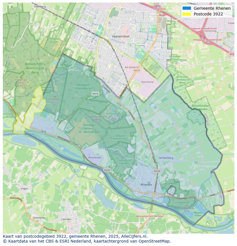 Afbeelding van het postcodegebied 3922 op de kaart.