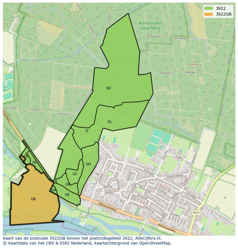Afbeelding van het postcodegebied 3922 GB op de kaart.