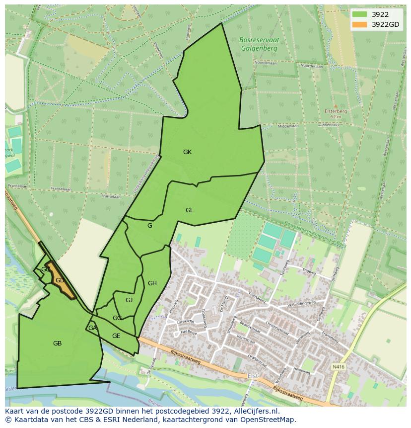 Afbeelding van het postcodegebied 3922 GD op de kaart.