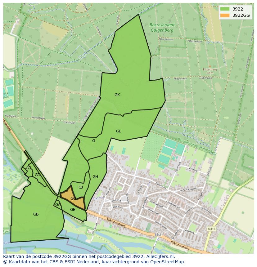 Afbeelding van het postcodegebied 3922 GG op de kaart.