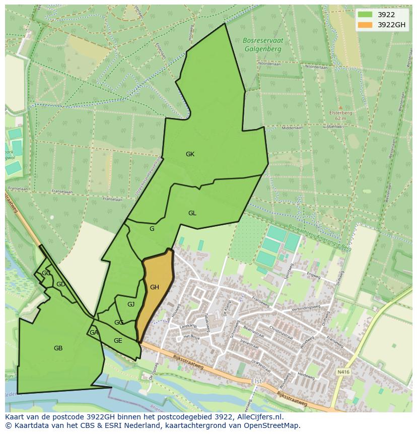Afbeelding van het postcodegebied 3922 GH op de kaart.