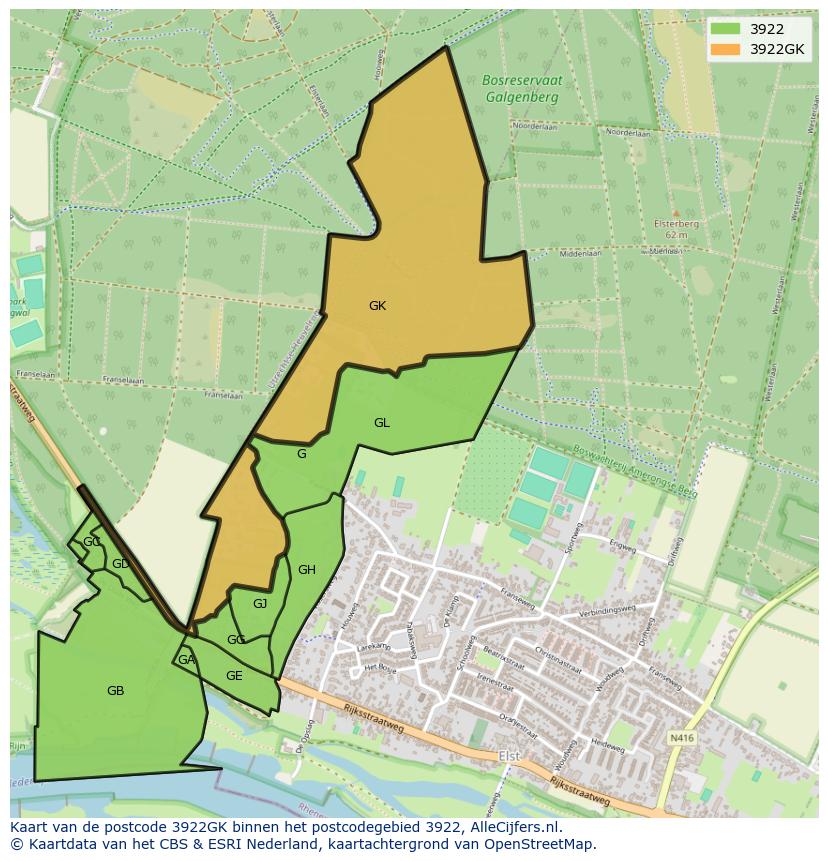Afbeelding van het postcodegebied 3922 GK op de kaart.