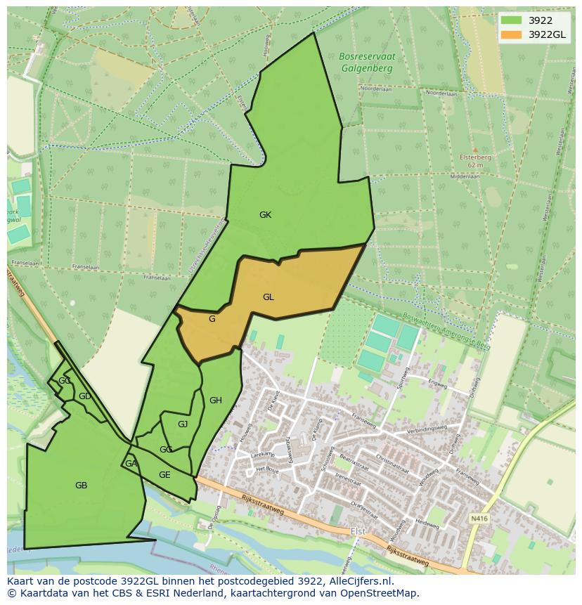 Afbeelding van het postcodegebied 3922 GL op de kaart.