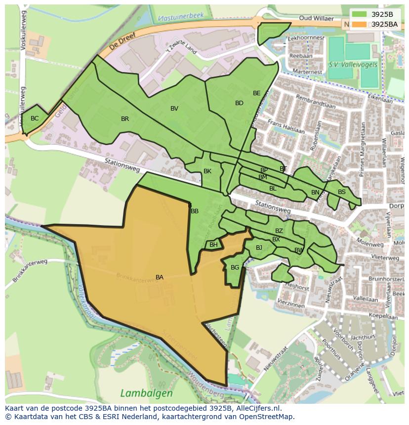 Afbeelding van het postcodegebied 3925 BA op de kaart.