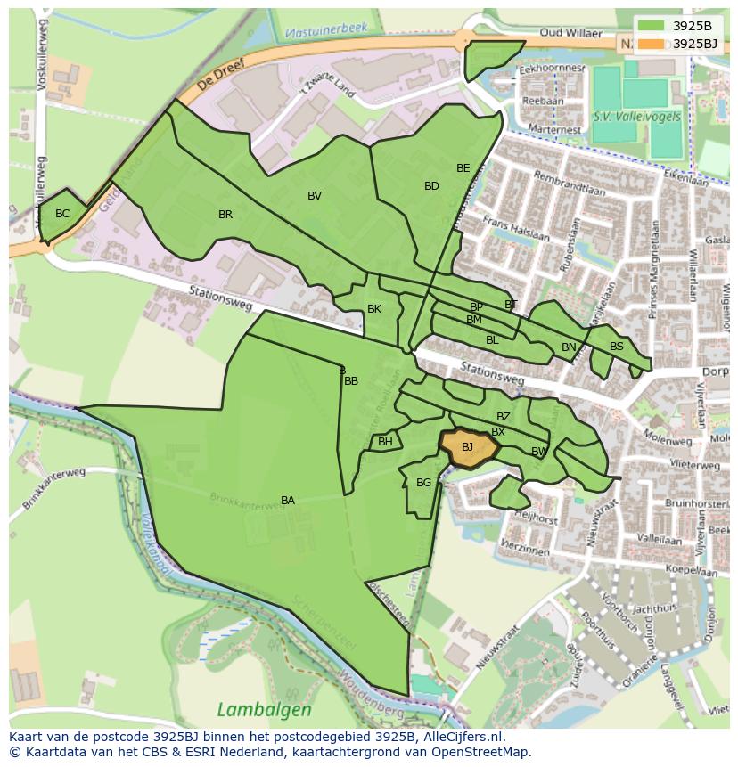 Afbeelding van het postcodegebied 3925 BJ op de kaart.