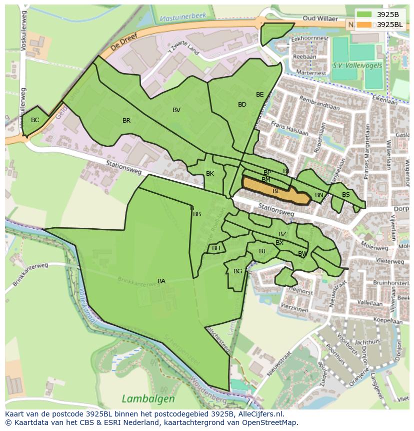Afbeelding van het postcodegebied 3925 BL op de kaart.