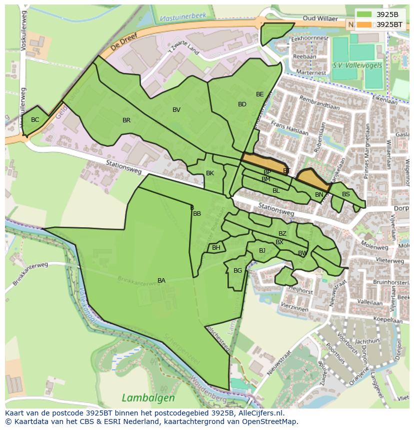 Afbeelding van het postcodegebied 3925 BT op de kaart.