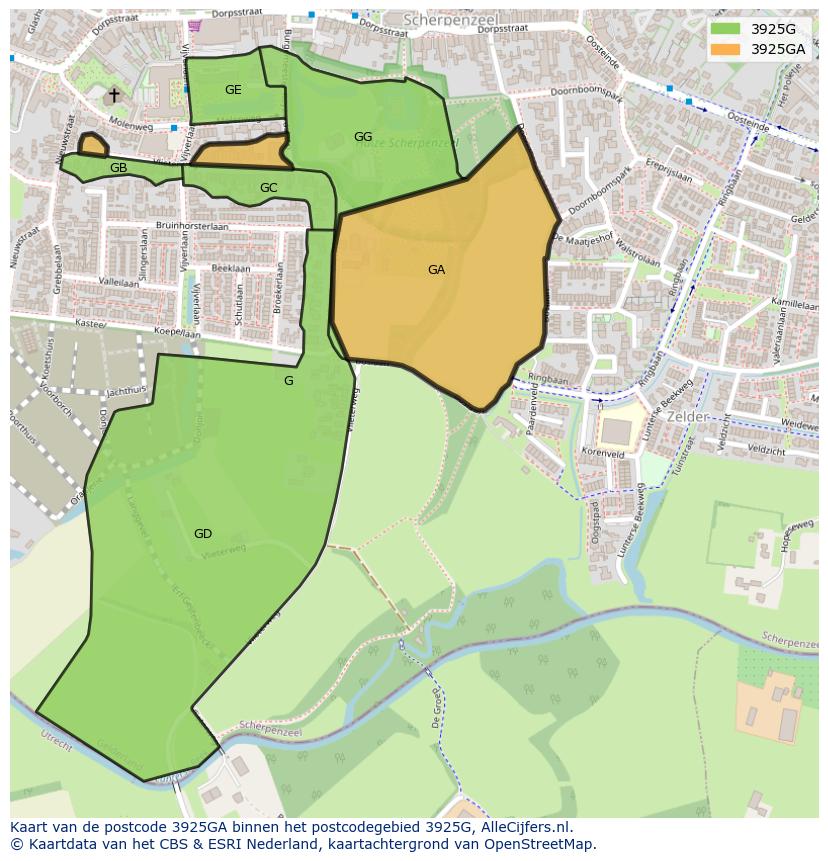 Afbeelding van het postcodegebied 3925 GA op de kaart.