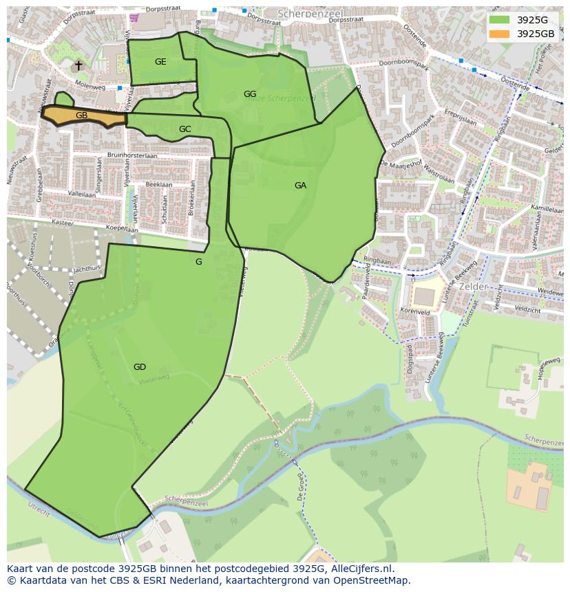 Afbeelding van het postcodegebied 3925 GB op de kaart.