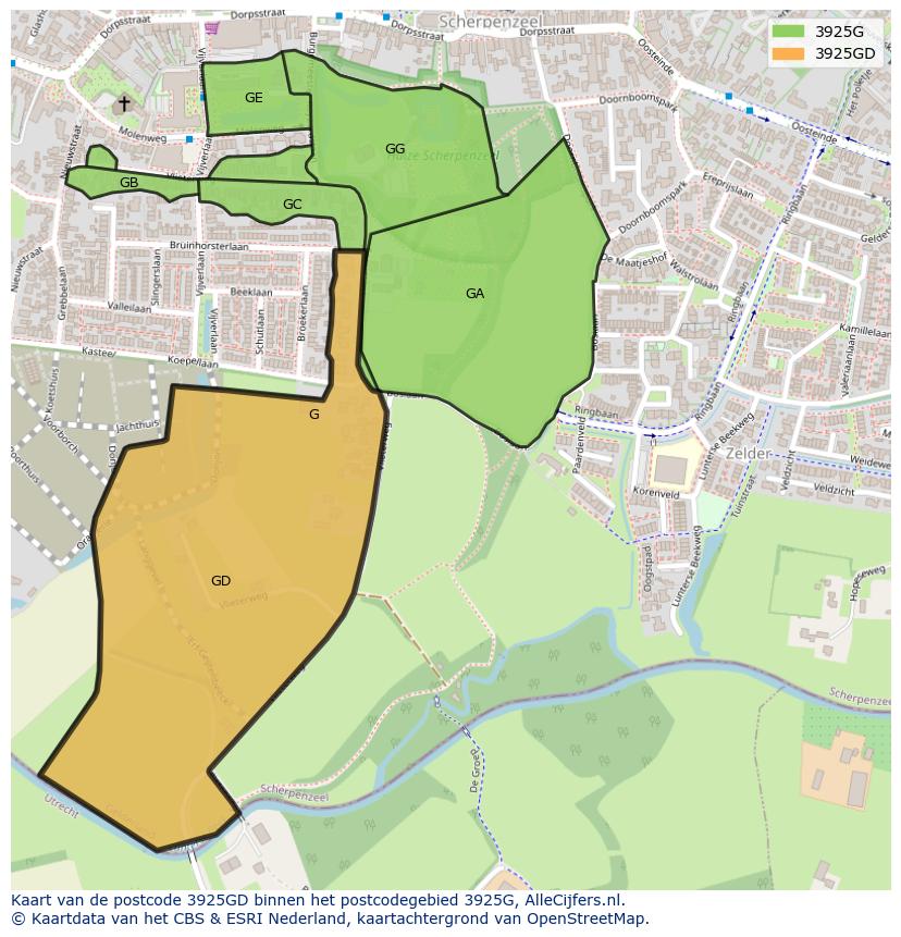 Afbeelding van het postcodegebied 3925 GD op de kaart.