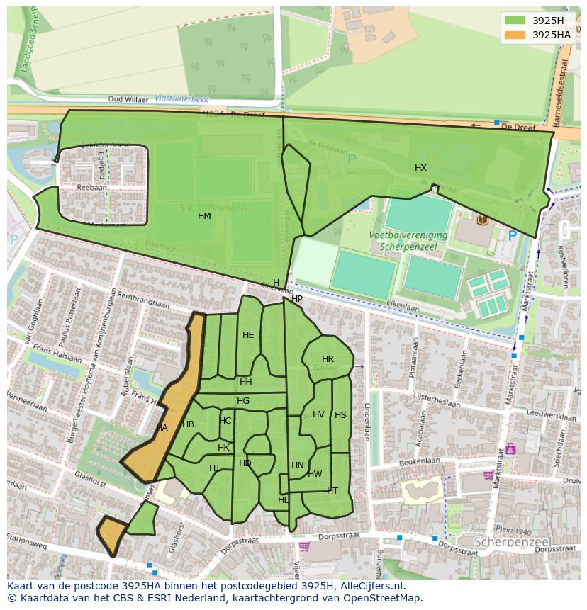 Afbeelding van het postcodegebied 3925 HA op de kaart.