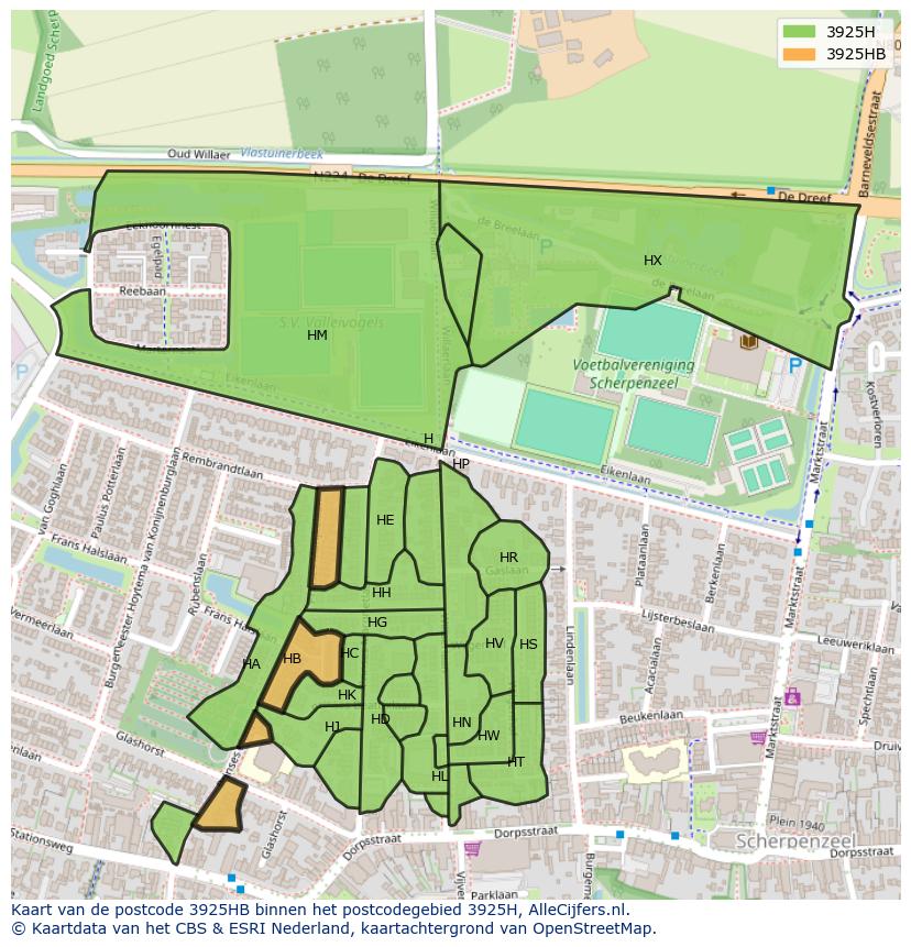 Afbeelding van het postcodegebied 3925 HB op de kaart.