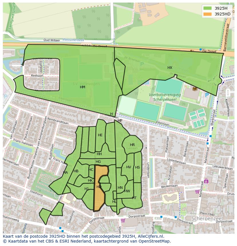 Afbeelding van het postcodegebied 3925 HD op de kaart.