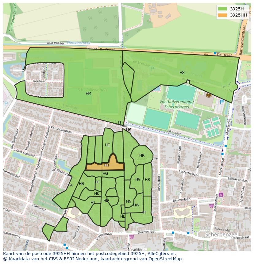 Afbeelding van het postcodegebied 3925 HH op de kaart.
