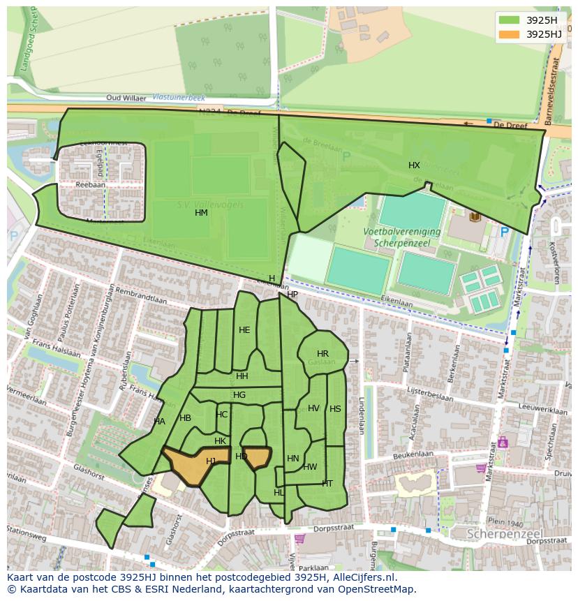 Afbeelding van het postcodegebied 3925 HJ op de kaart.