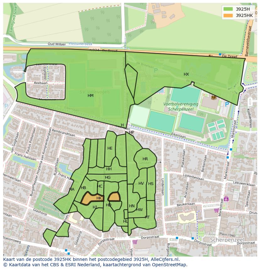 Afbeelding van het postcodegebied 3925 HK op de kaart.