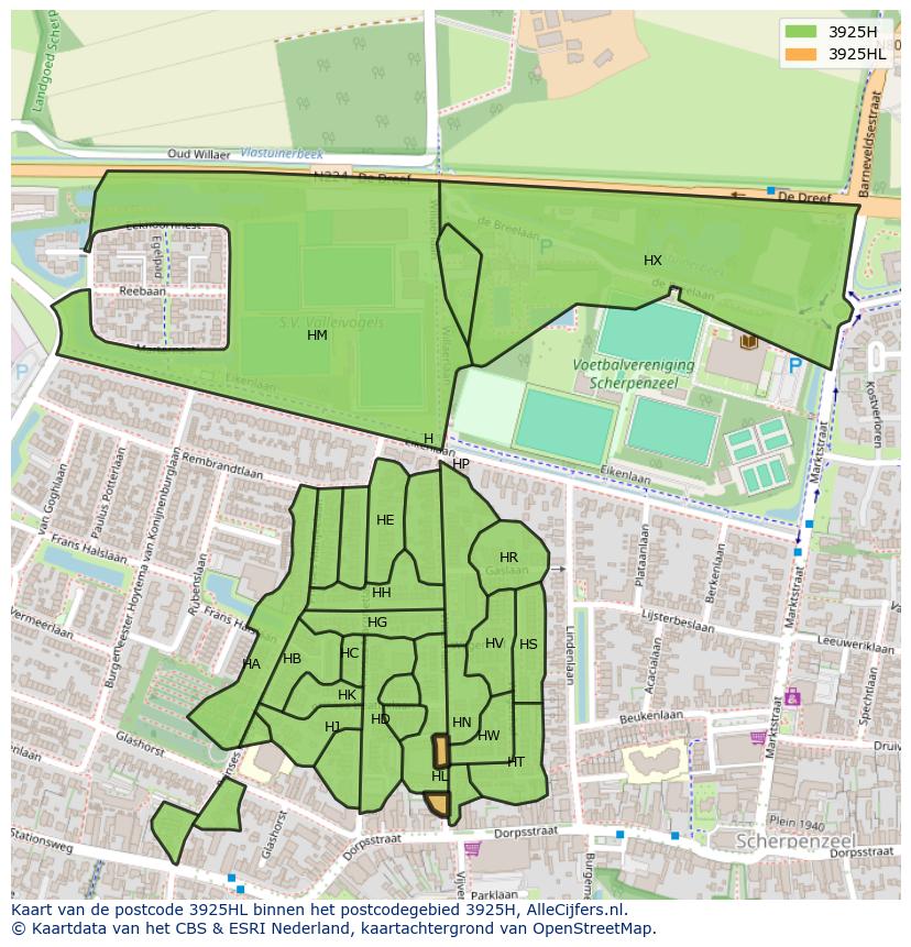 Afbeelding van het postcodegebied 3925 HL op de kaart.