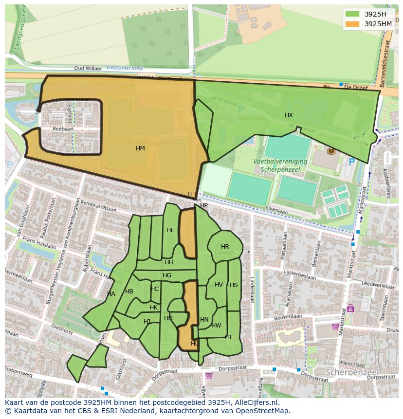 Afbeelding van het postcodegebied 3925 HM op de kaart.
