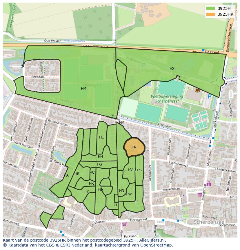 Afbeelding van het postcodegebied 3925 HR op de kaart.