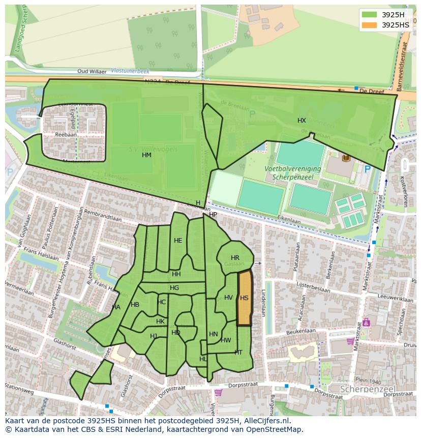 Afbeelding van het postcodegebied 3925 HS op de kaart.
