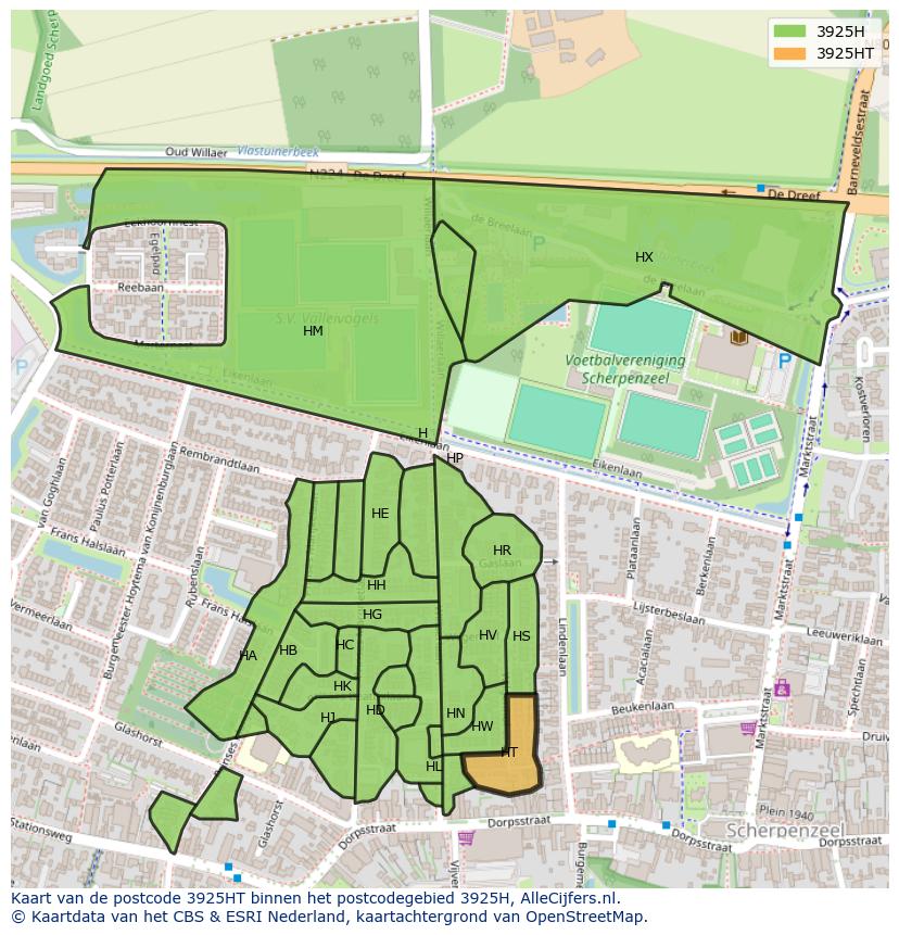Afbeelding van het postcodegebied 3925 HT op de kaart.