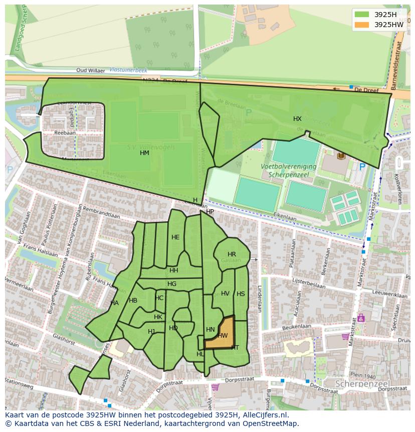 Afbeelding van het postcodegebied 3925 HW op de kaart.