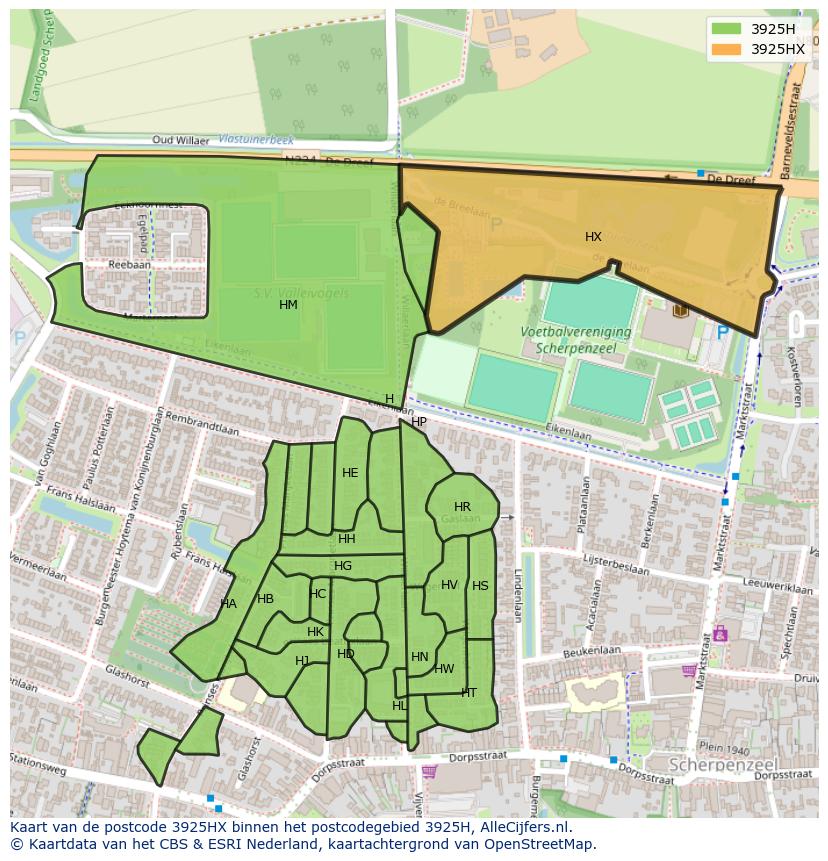 Afbeelding van het postcodegebied 3925 HX op de kaart.
