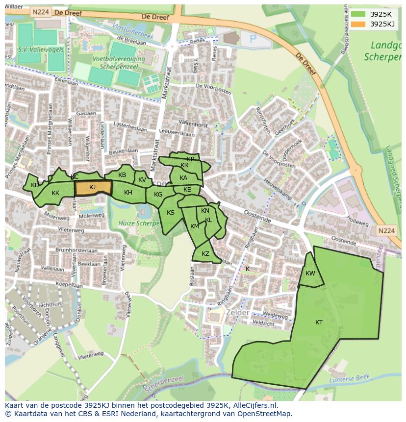 Afbeelding van het postcodegebied 3925 KJ op de kaart.