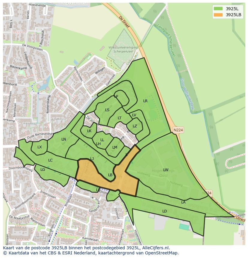 Afbeelding van het postcodegebied 3925 LB op de kaart.