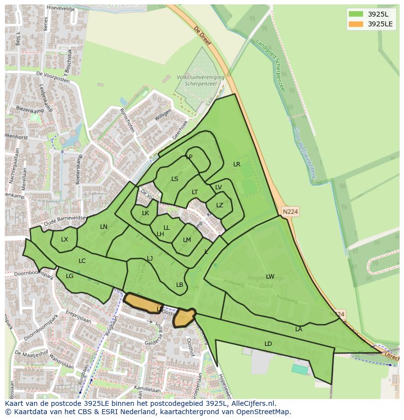 Afbeelding van het postcodegebied 3925 LE op de kaart.