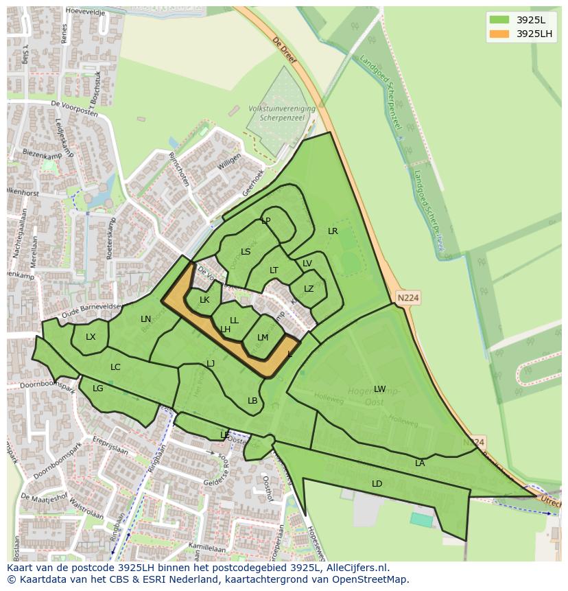 Afbeelding van het postcodegebied 3925 LH op de kaart.