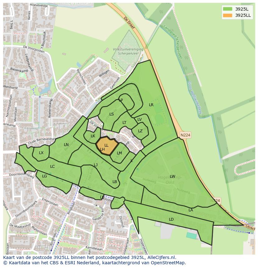 Afbeelding van het postcodegebied 3925 LL op de kaart.