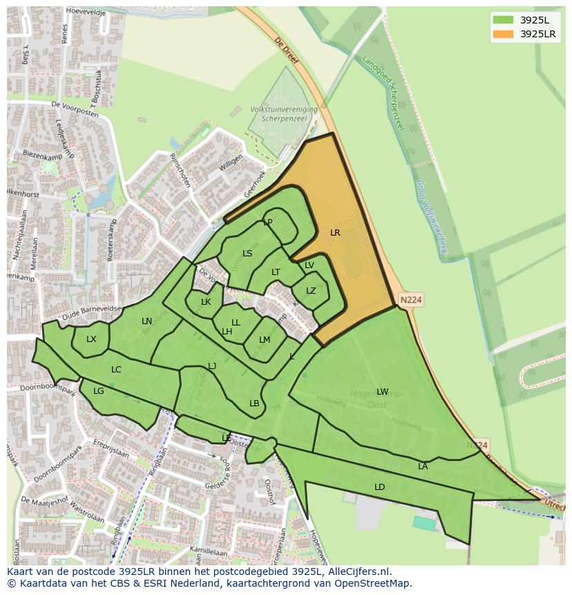Afbeelding van het postcodegebied 3925 LR op de kaart.