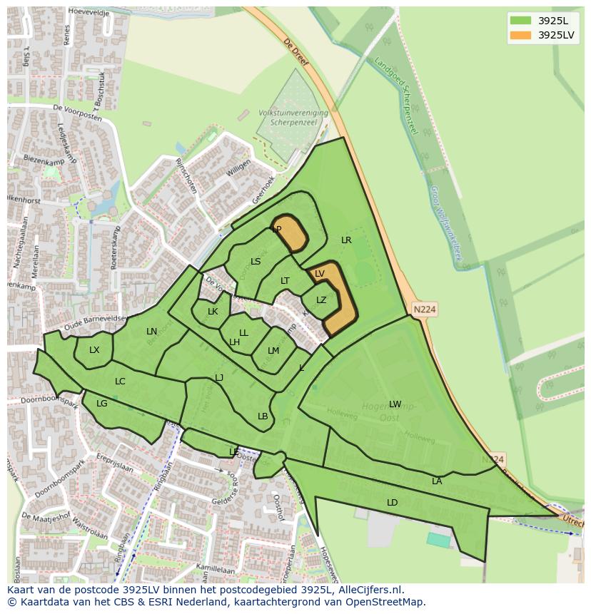 Afbeelding van het postcodegebied 3925 LV op de kaart.