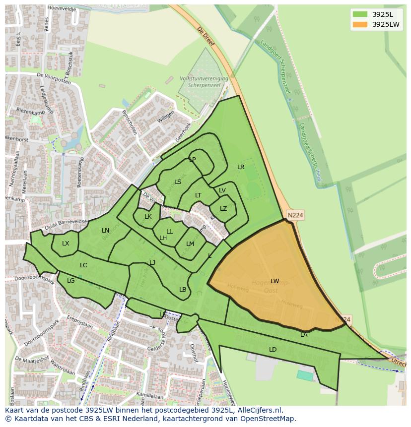 Afbeelding van het postcodegebied 3925 LW op de kaart.